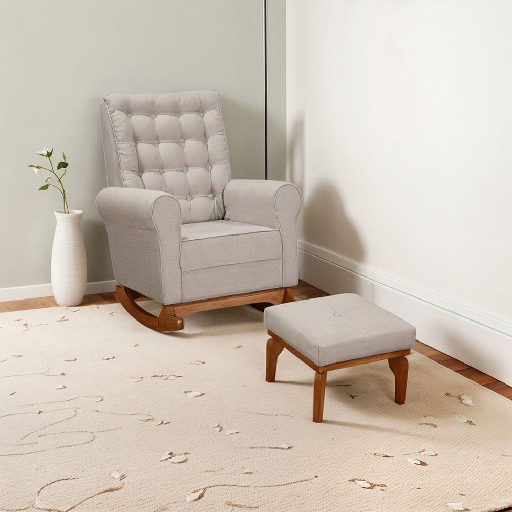 Poltrona E Cadeira Amamentação Balanço Páris C/puff Linho Bege Cor Bege Desenho Do Tecido Liso - 1