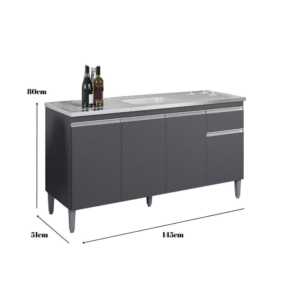 Balcão Para Pia Tatiane 150cm 4 Portas 1 Gav - S/tampo Cinza - 2
