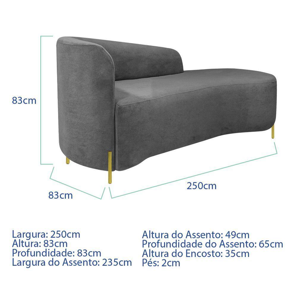 Divã Recamier Orgânico França 250cm Lado Dir Pés Metal Dourado Bouclé Cinza - 6