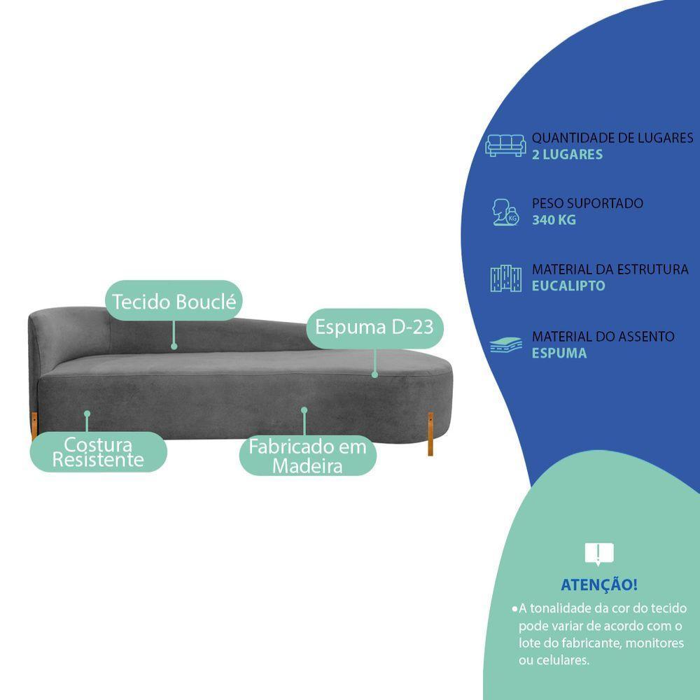 Divã Recamier Orgânico França 250cm Lado Dir Pés Madeira Bouclé Cinza - 7