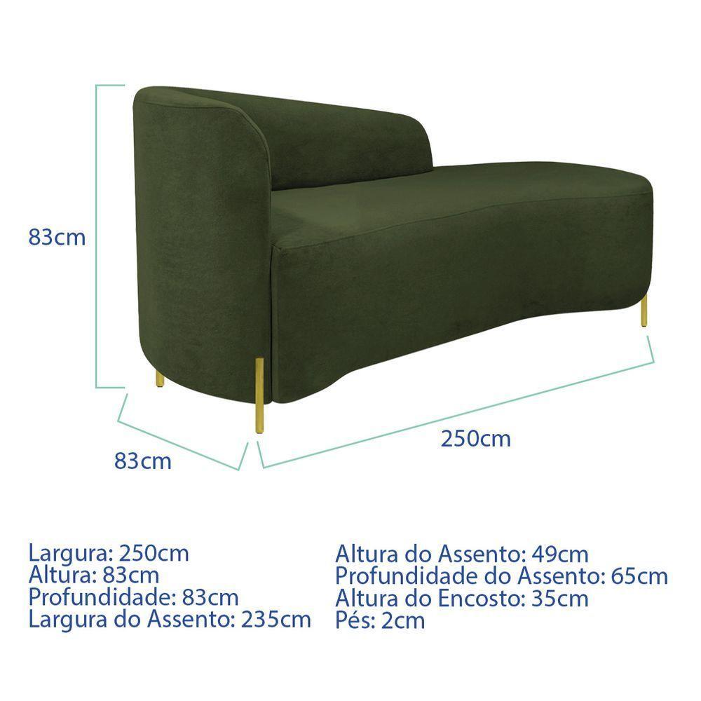 Divã Recamier Orgânico França 250cm Lado Dir Pés Metal Dourado Linho Verde - 6