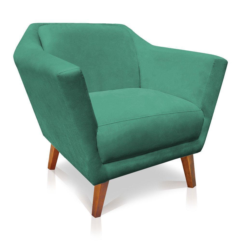 Poltrona Decorativa Lorena Suede Pés Castanho Azul Turquesa - 1