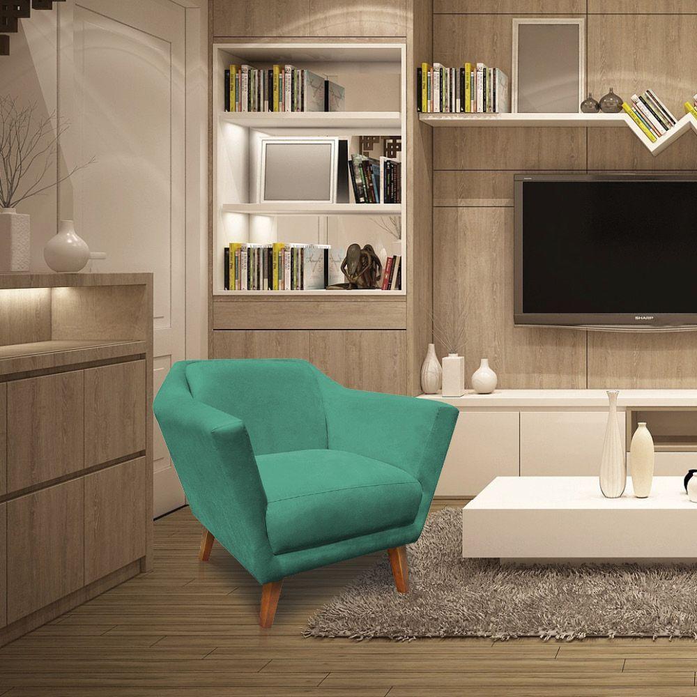 Poltrona Decorativa Lorena Suede Pés Castanho Azul Turquesa - 2