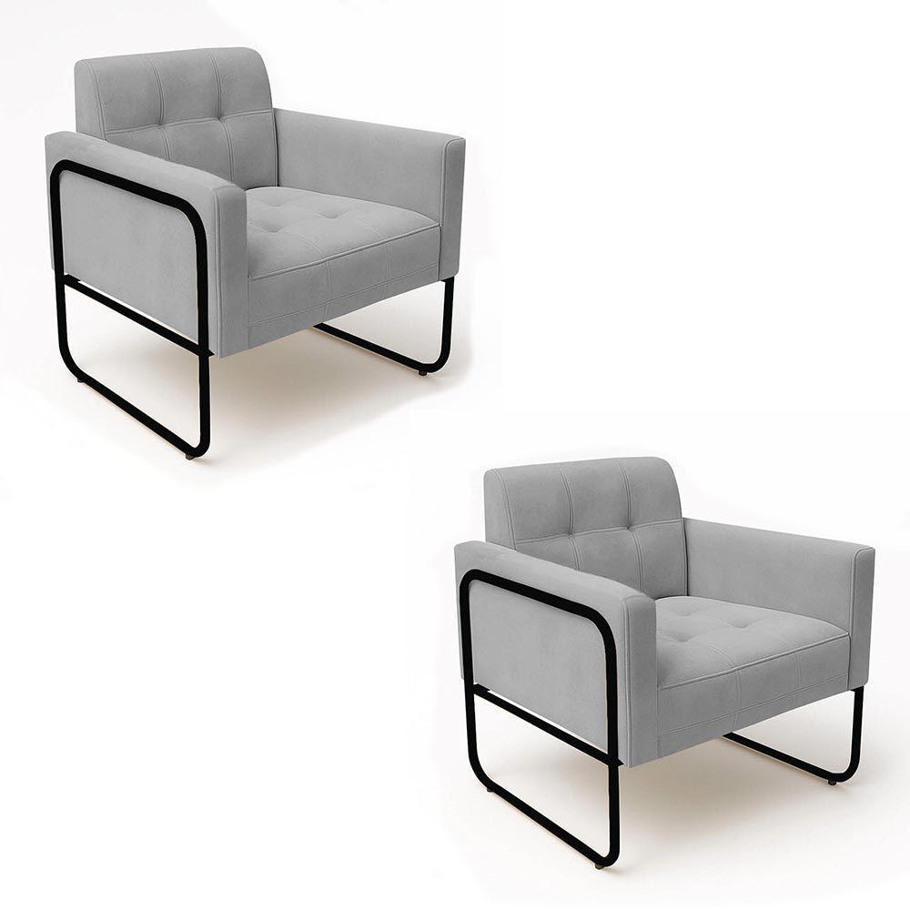Poltrona Sala Industrial Alta Tubo Preto Kit 2 Elisa Veludo D03 - D'rossi Cor Cinza - 2