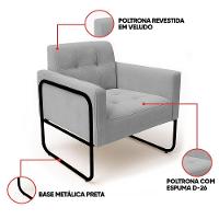 Poltrona Sala Industrial Alta Tubo Preto Kit 2 Elisa Veludo D03 - D'rossi Cor Cinza - 3