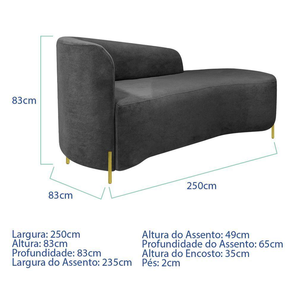 Divã Recamier Orgânico França 250cm Lado Dir Pés Metal Dourado Linho Cinza Escuro - 6
