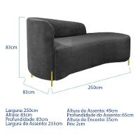 Divã Recamier Orgânico França 250cm Lado Dir Pés Metal Dourado Linho Cinza Escuro - 6