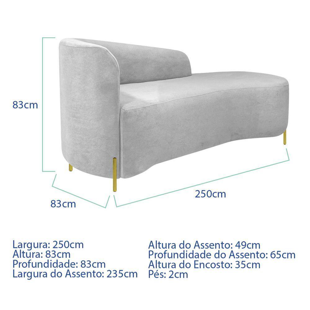 Divã Recamier Orgânico França 250cm Lado Dir Pés Metal Dourado Bouclé Branco - 6
