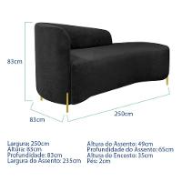 Divã Recamier Orgânico França 250cm Lado Dir Pés Metal Dourado Linho Preto - 6