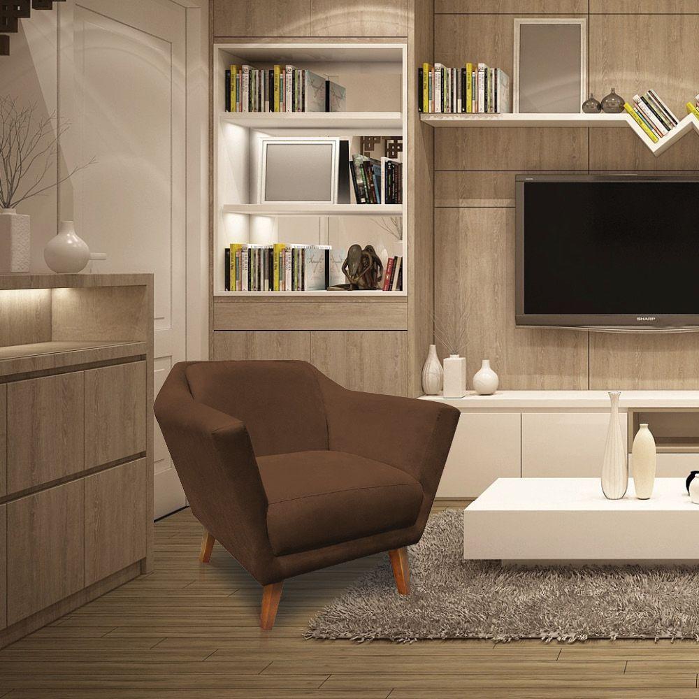 Poltrona Decorativa Lorena Suede Pés Castanho Marrom - 2