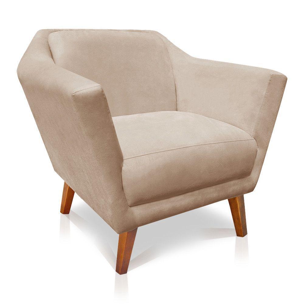 Poltrona Decorativa Lorena Suede Pés Castanho Bege - 1