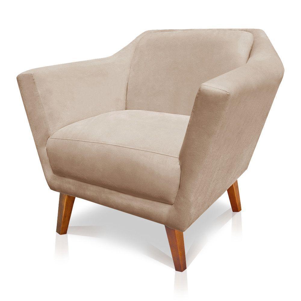 Poltrona Decorativa Lorena Suede Pés Castanho Bege - 4