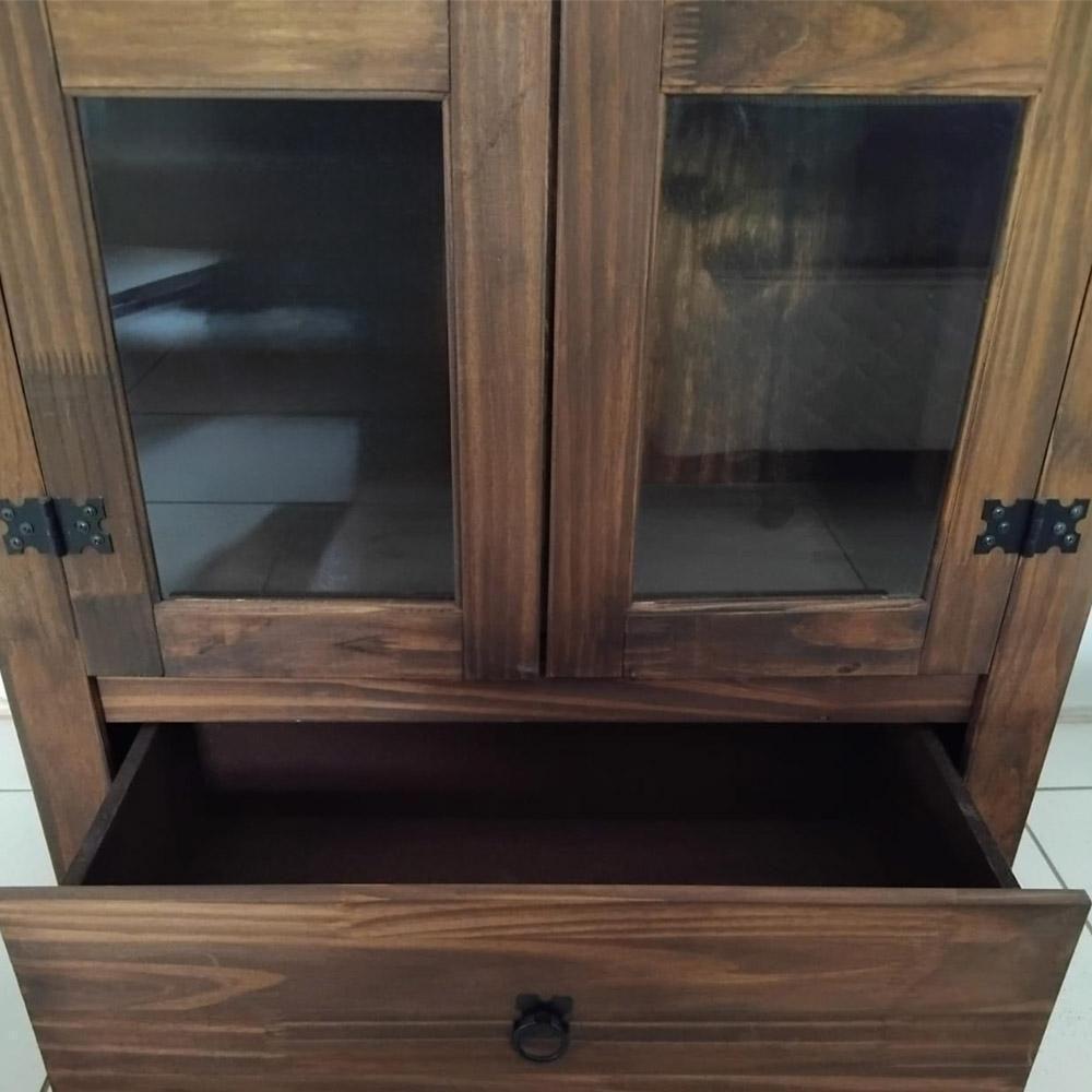 Cristaleira Madeira Maciça 2 Portas De Vidro 1 Gaveta Rústica - Imbuia - 5