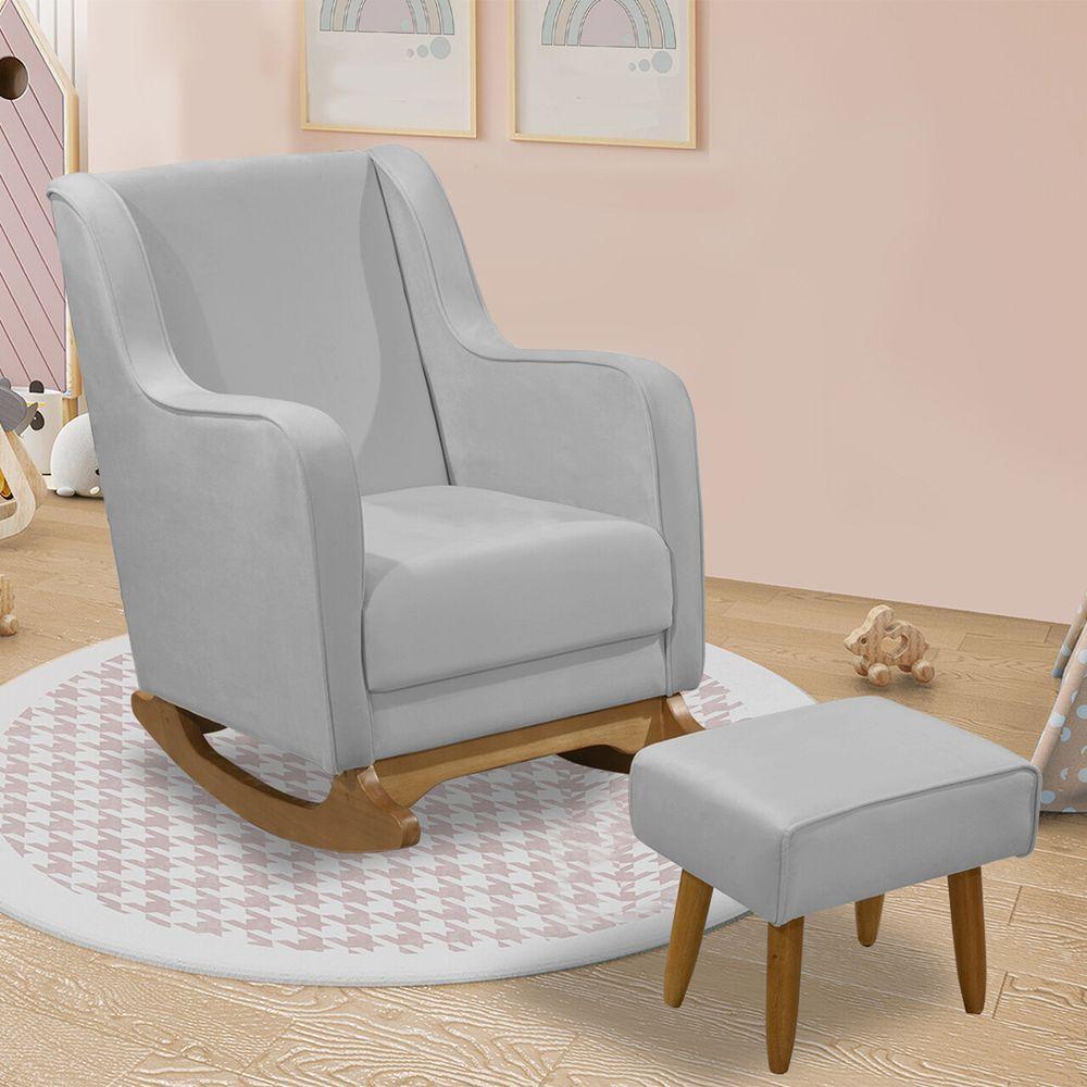 Cadeira De Amamentação Poltrona Balanço áquila C/puff Veludo Cinza Claro - 5
