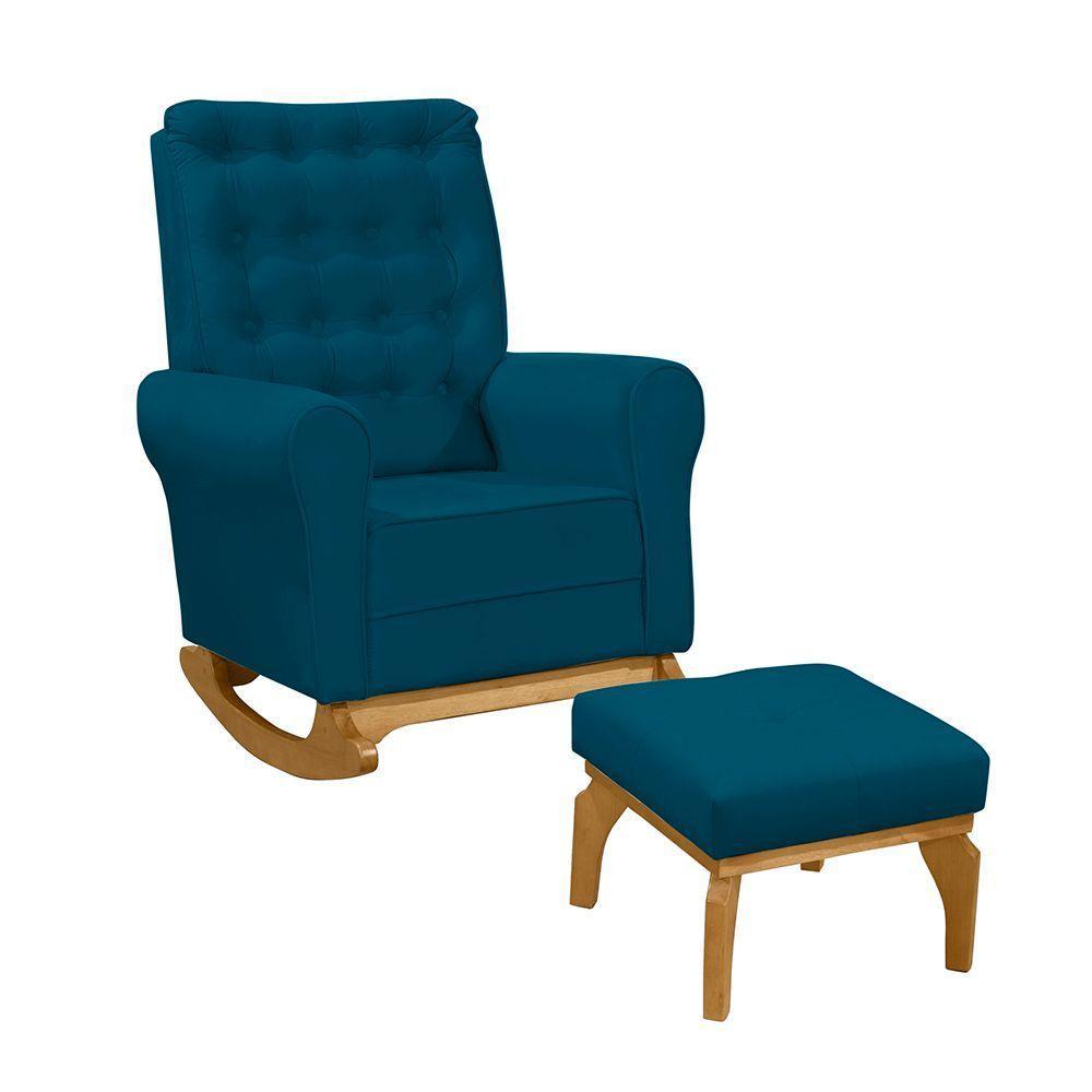 Poltrona De Amamentação E Balanço Páris C/ Puff Veludo Azul - 1