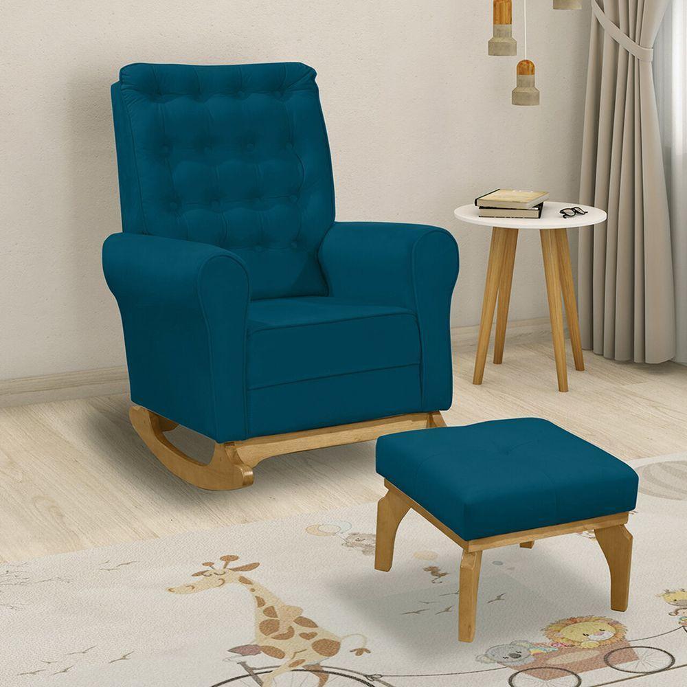 Poltrona De Amamentação E Balanço Páris C/ Puff Veludo Azul - 5
