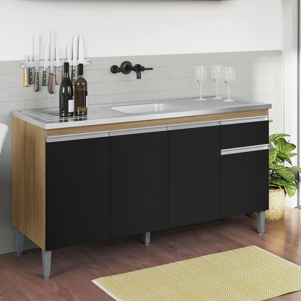 Gabinete Para Pia Tatiane S/tampo 150cm 4 Portas 1 Gaveta Amêndoa/pto - 4