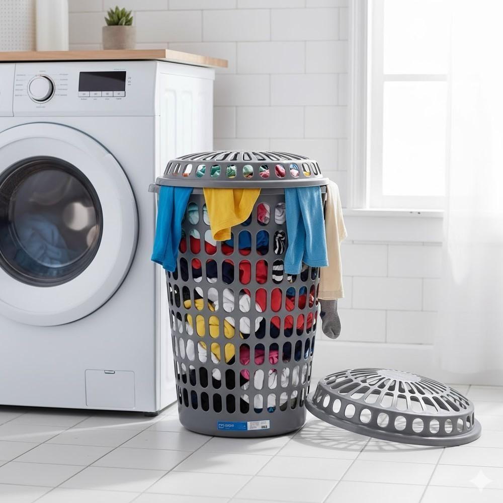 Cesto Roupa Suja Telado Gigante 60 Litros Organizador Multiuso Roupas Lixo Roupeiro Com Tampa 60l Reforcado Cinza - 4