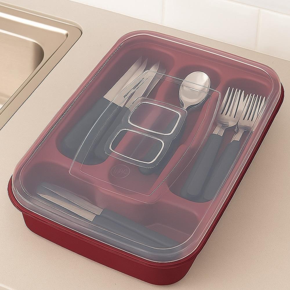 Porta Talheres Com Tampa Organizador Talher Gaveta Armario Utensilios Cozinha 4 Divisorias Viagem Churrasco Camping - 3