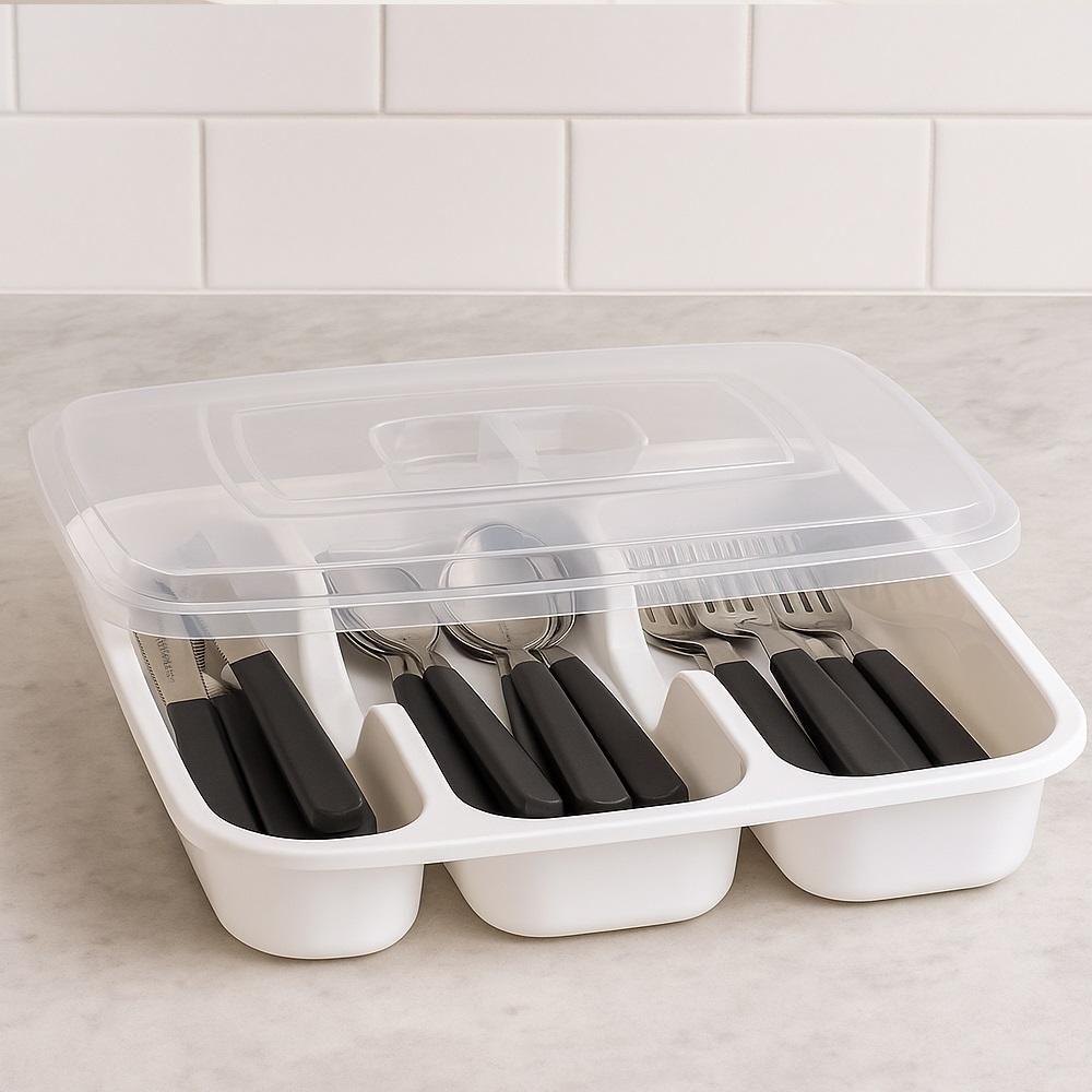 Porta Talheres Com Tampa Organizador Talher Gaveta Armario Utensilios Cozinha 4 Divisorias Viagem Churrasco Camping - 4