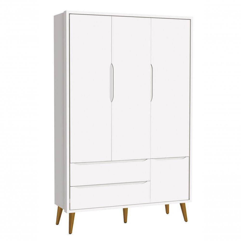Guarda-roupa Retrô 3 Portas Théo New Branco Fosco Com Madeira - Moveisaqui - 1