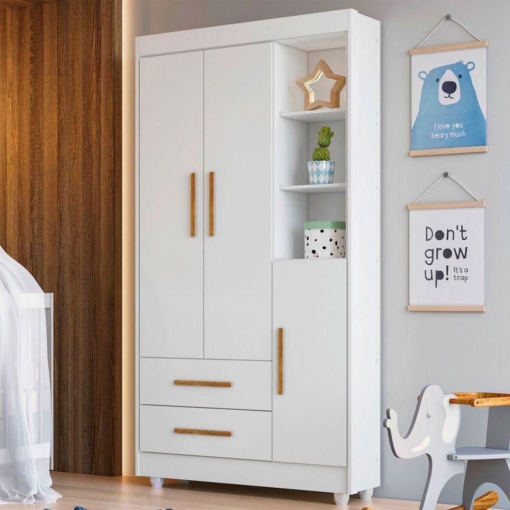Guarda Roupa Infantil Flocos 3 Portas 2 Gavetas Flex Tigus Ipê- Branco - 1
