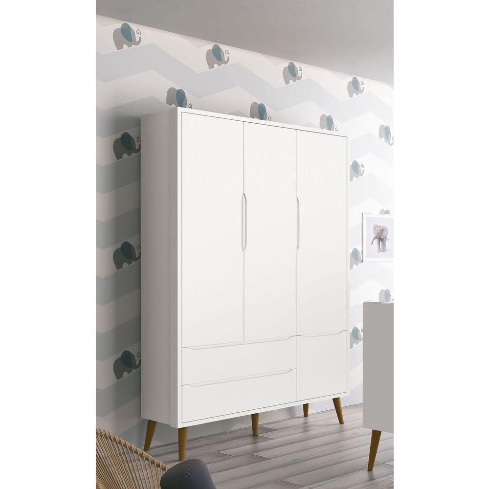 Guarda-roupa Retrô 3 Portas Théo New Branco Fosco Com Madeira - Reller - 2