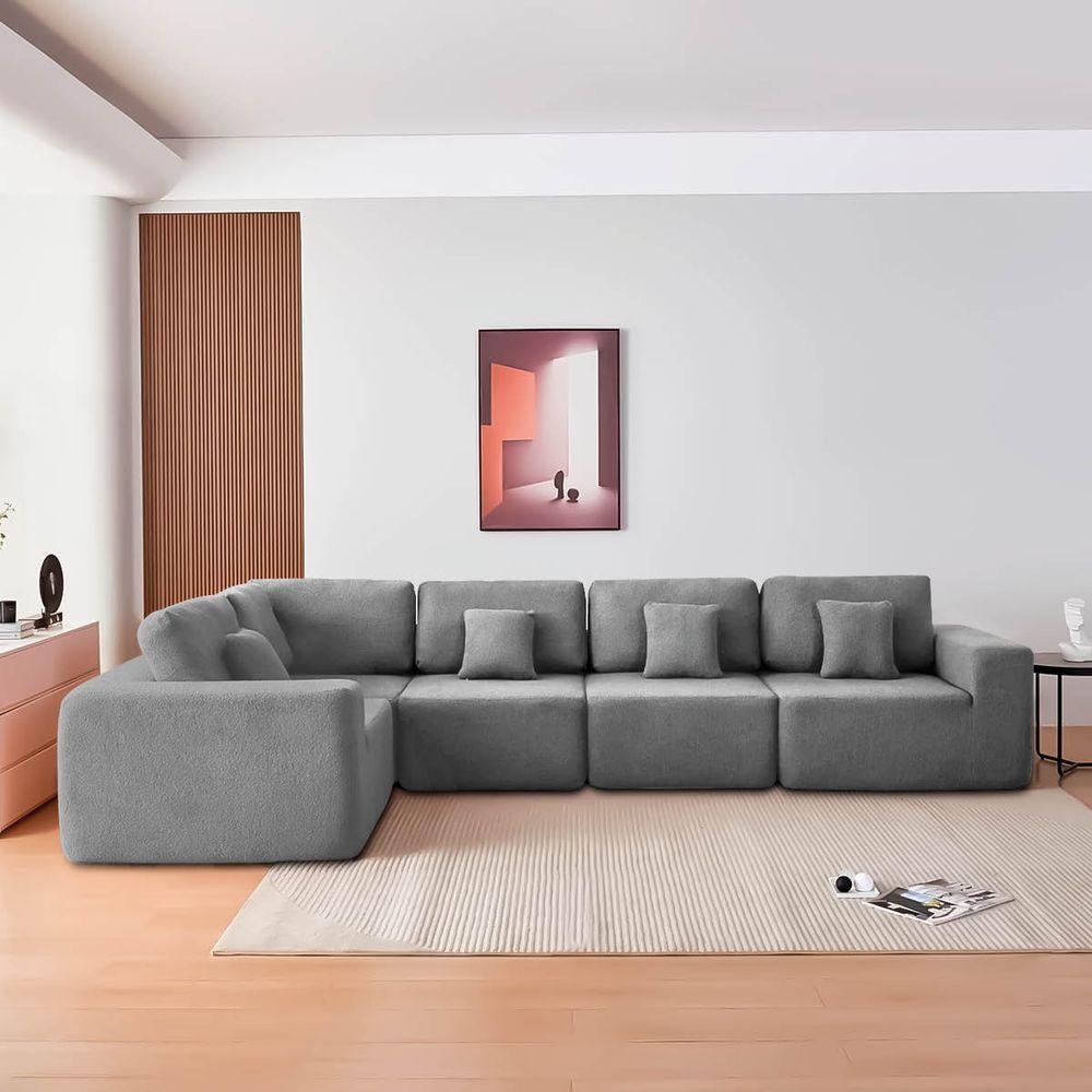 Kit Sofá Modular 5 Lugares Moderno Curvo Orgânico Adapt Bouclé - Amarena Móveis Cinza - 2