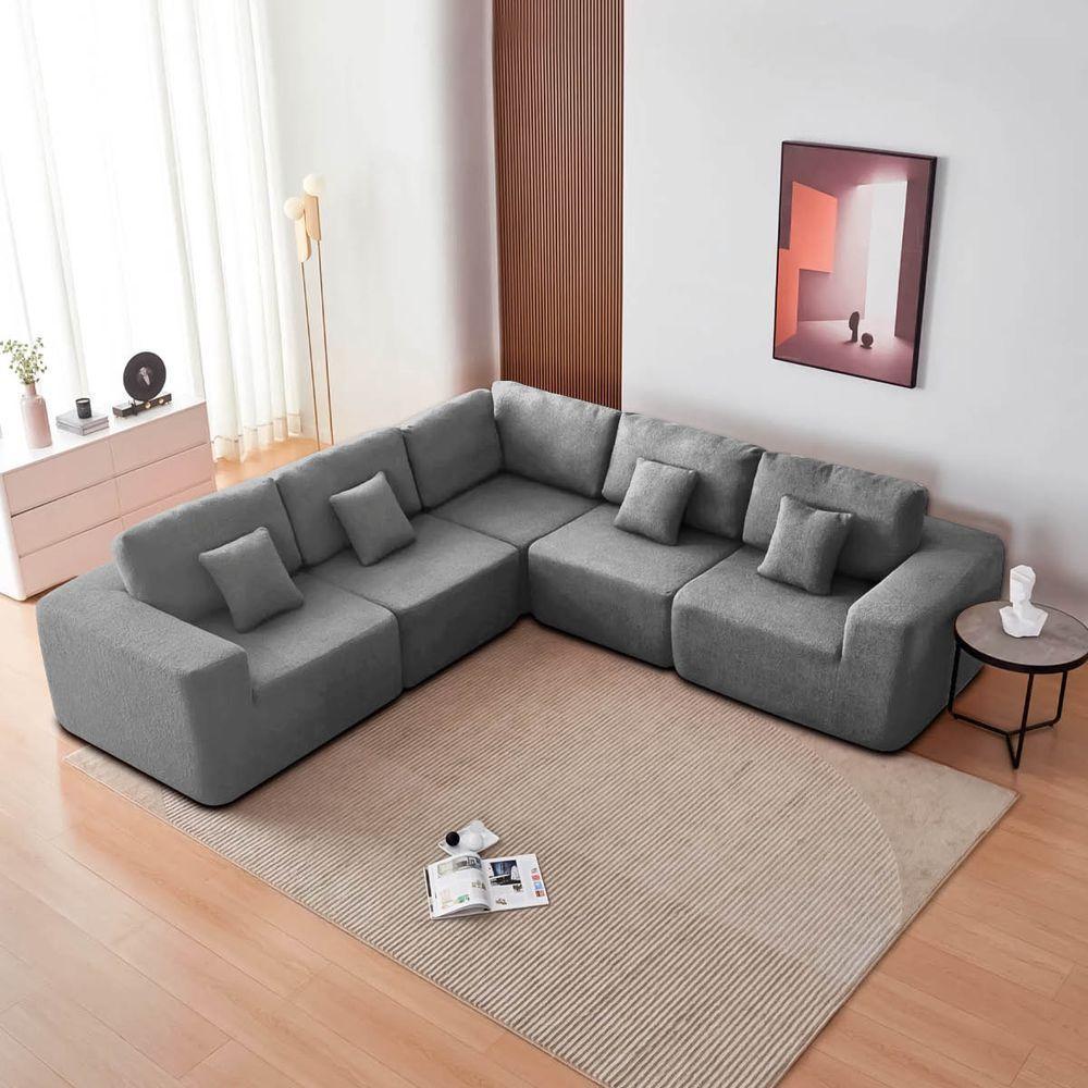 Kit Sofá Modular 5 Lugares Moderno Curvo Orgânico Adapt Bouclé - Amarena Móveis Cinza - 7