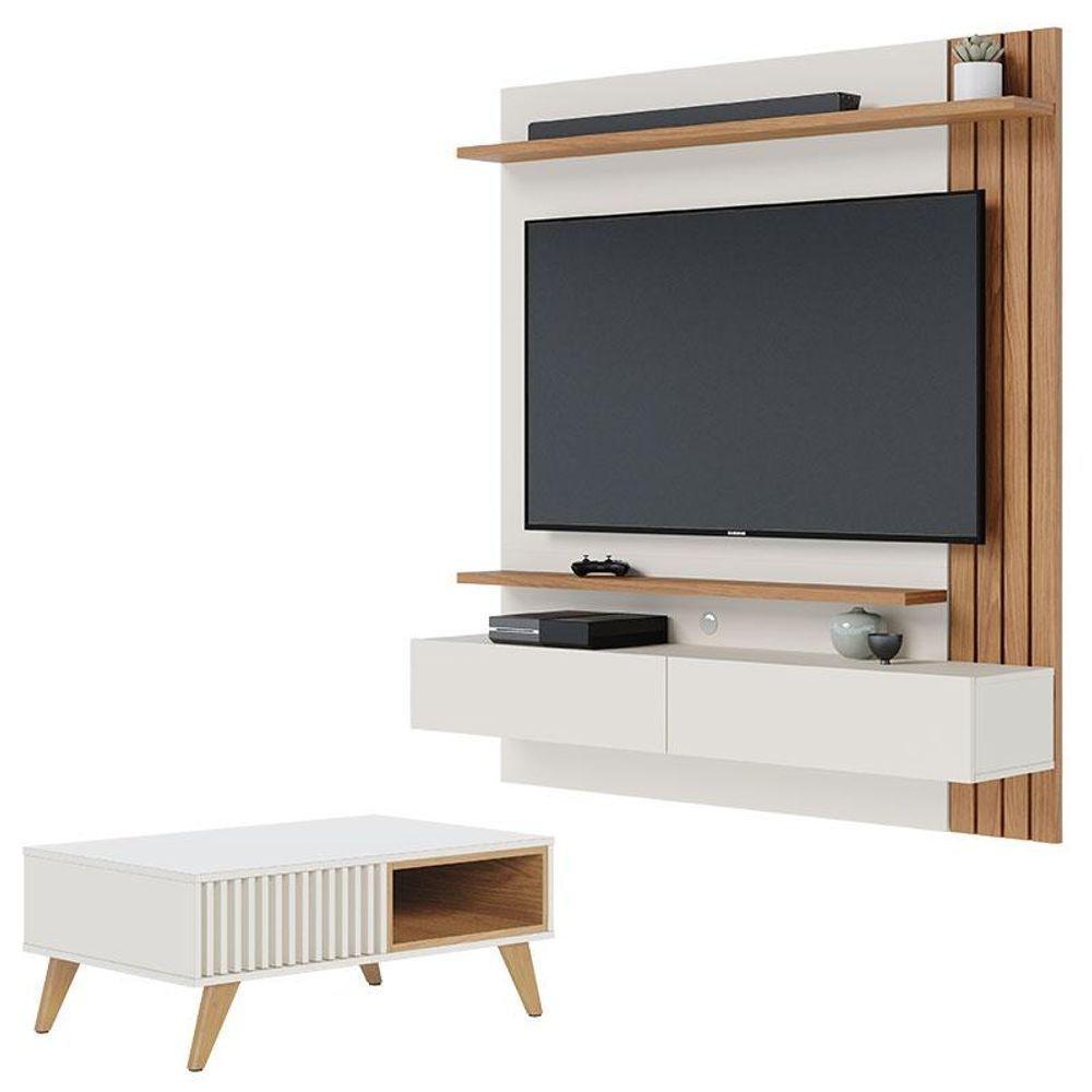 Painel Para Tv Home Suspenso Juriti 1.5 Off White Matte Freijó Com Mesa De Centro Jeri Off White Freijó - Colibri - 1