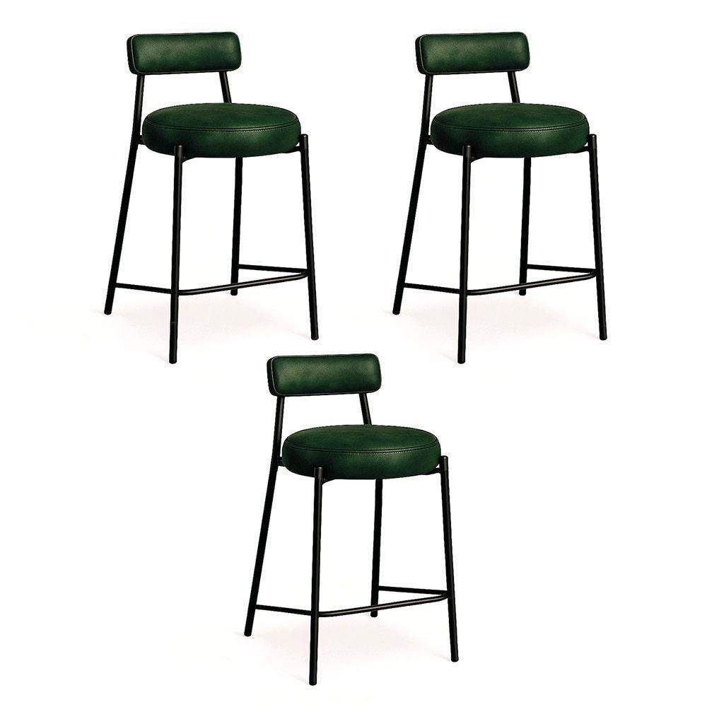 Banqueta Cozinha Alta Com Encosto Industrial Preto Kit 3 Londres Pu D03 - D'rossi Cor Verde - 2