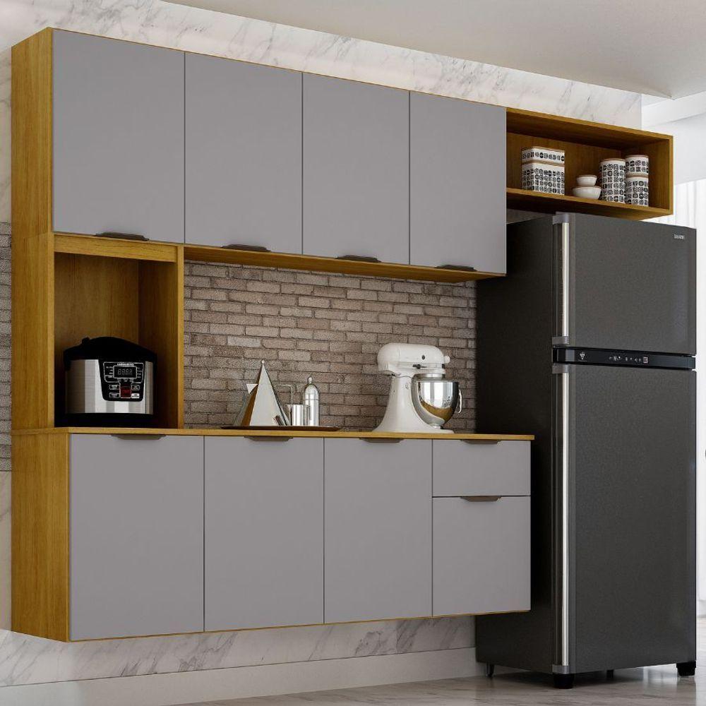 Armário De Cozinha Suspenso Completo Aéreo 8 Portas 1 Gaveta Mdp Compacto Espaço Cinza - 1