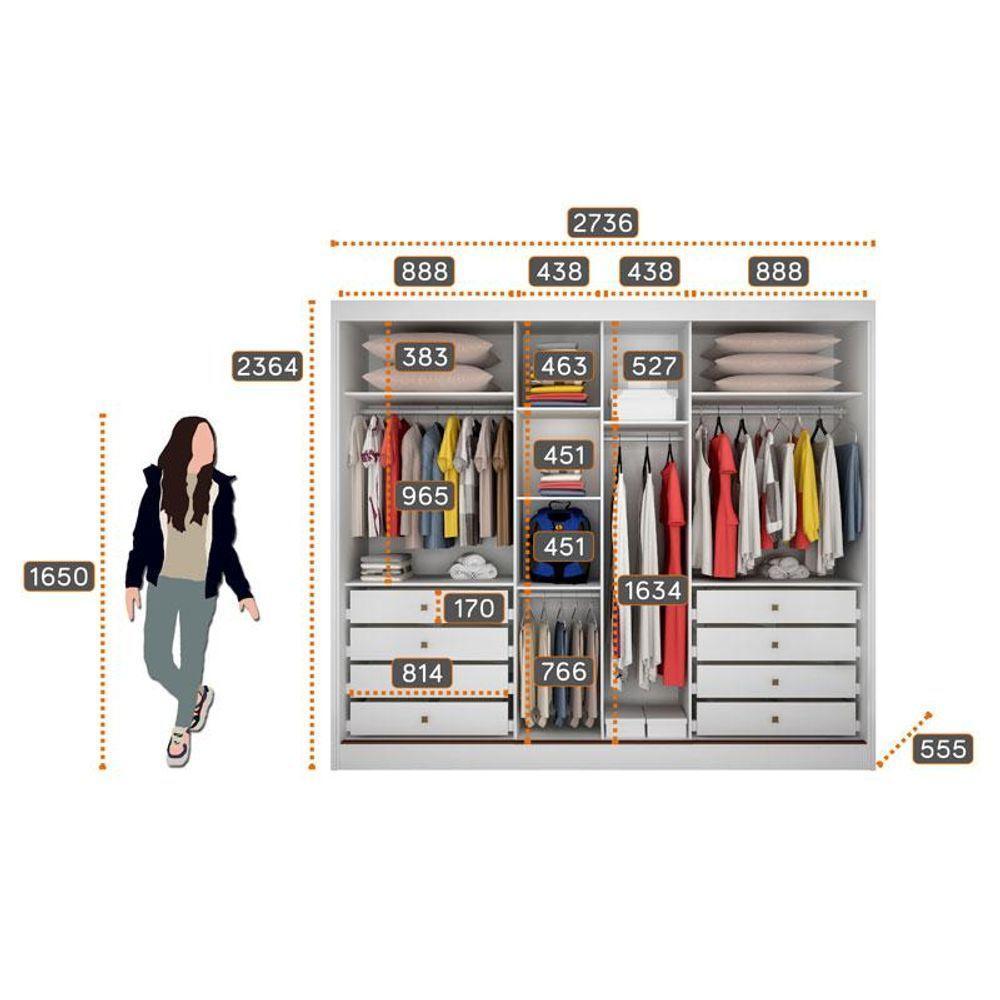 Guarda Roupa Casal Atlanta 3 Portas 8 Gavetas Neve Com Espelho - Novo Horizonte - 2