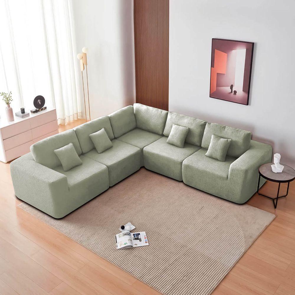 Kit Sofá Modular 5 Lugares Moderno Curvo Orgânico Adapt Bouclé - Amarena Móveis Verde Oliva - 10