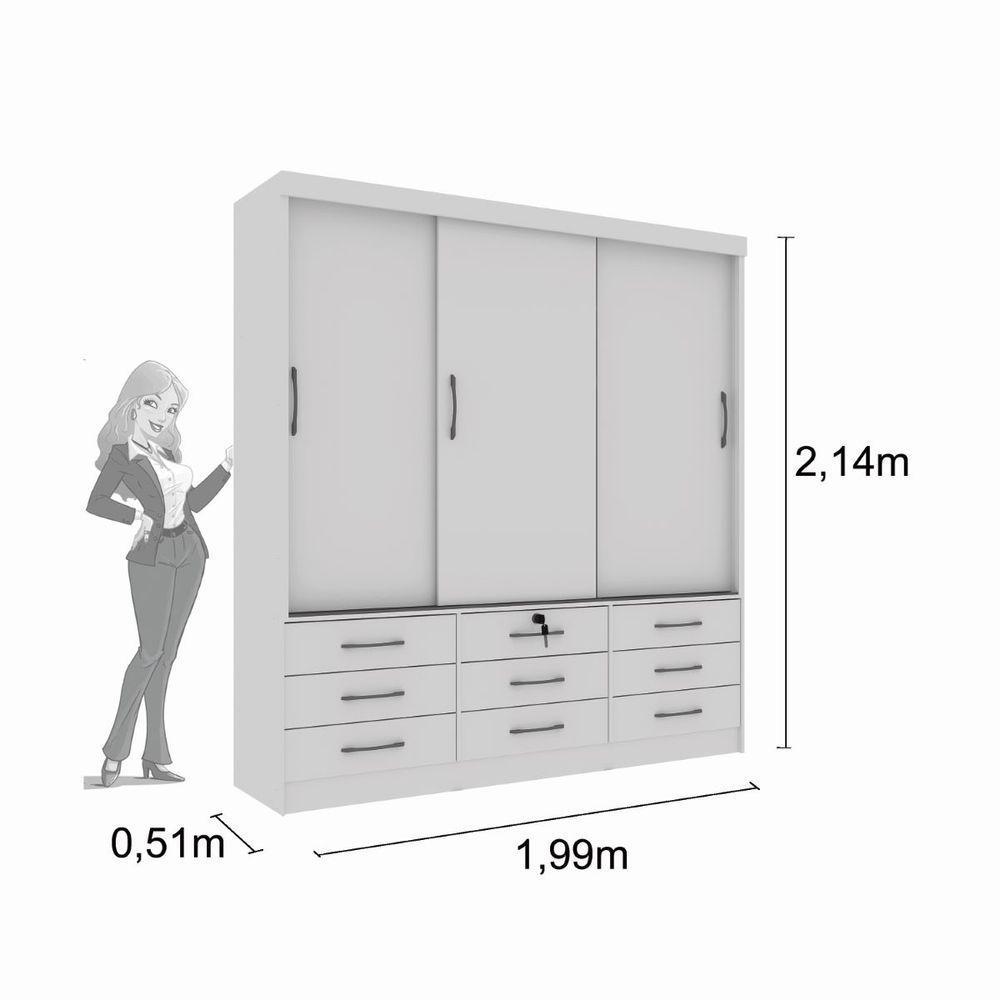Guarda Roupa Chicago 3 Portas 9 Gavetas Com Espelho E Pés Tcil Branco - 3