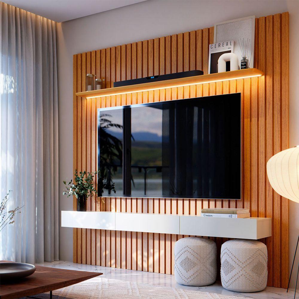 Estante Home Para Sala Tv 75 Polegadas Ripado Cleean 2.2 Naturale Com Off White - Moveisaqui - 4