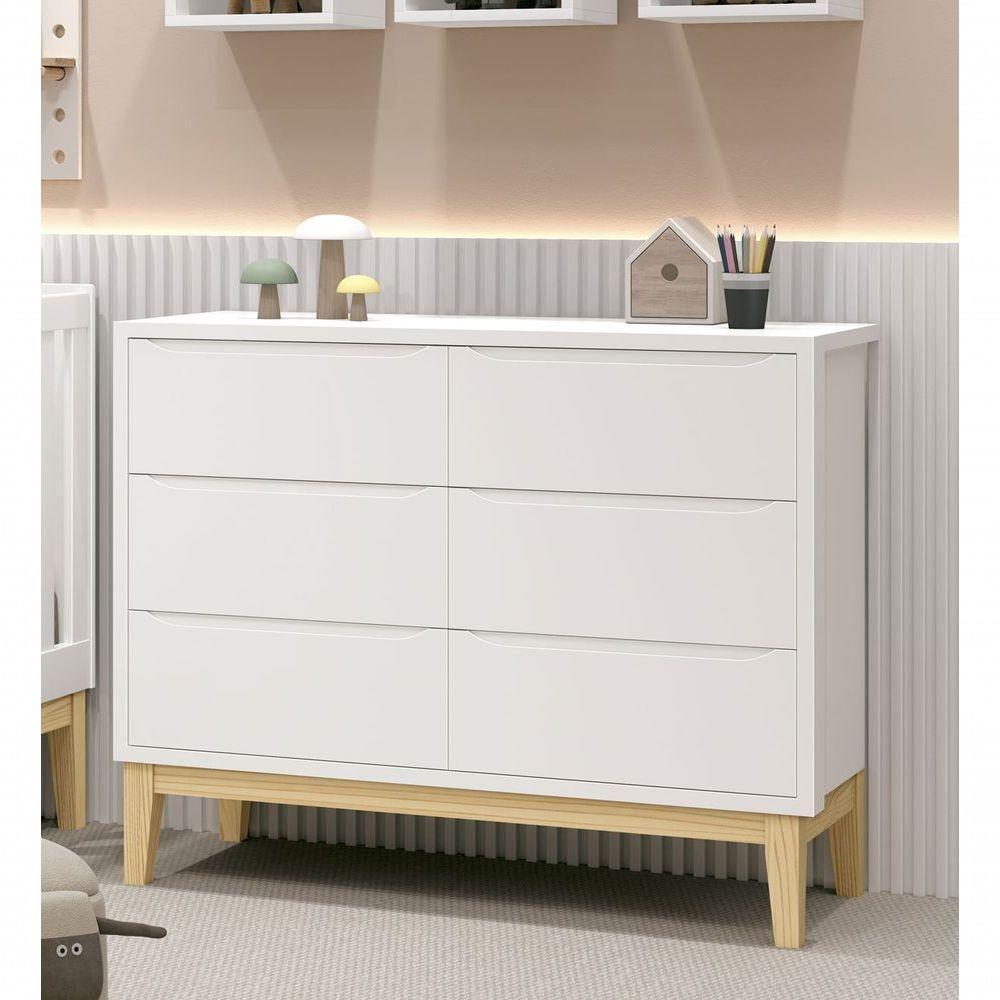 Cômoda 6 Gavetas Classic New Branco Fosco Com Natural - Moveisaqui - 2