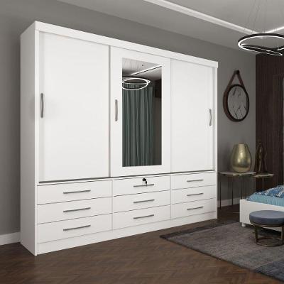 Guarda Roupa Chicago 3 Portas 9 Gavetas Com Espelho Tcil Cor:branco