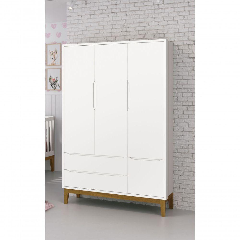 Guarda-roupa Retrô 3 Portas Classic New Branco Fosco Com Madeira - Reller - 3