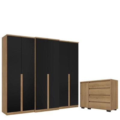 Guarda Roupa Casal Valência 6 Portas Capuccino Preto E Cômoda Com Porta Aurora Acetinado - Thb