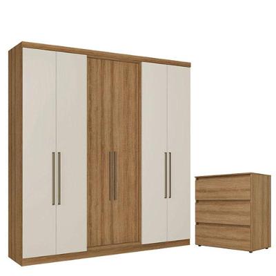 Guarda Roupa Casal Presence 6 Portas Almendra Off White E Cômoda Gaveteiro Condessa Almendra Acetinado - Thb