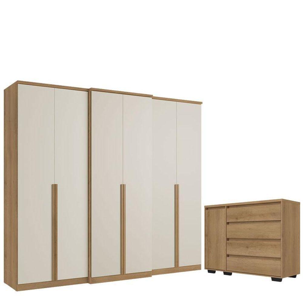 Guarda Roupa Casal Valência 6 Portas Capuccino Off White E Cômoda Com Porta Aurora Acetinado - Thb - 1