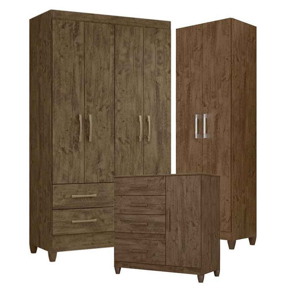 Guarda Roupa Solteiro Chile Com Cômoda Vênus Com Pés E Armário Multiuso New íris Castanho Wood - Moval - 1