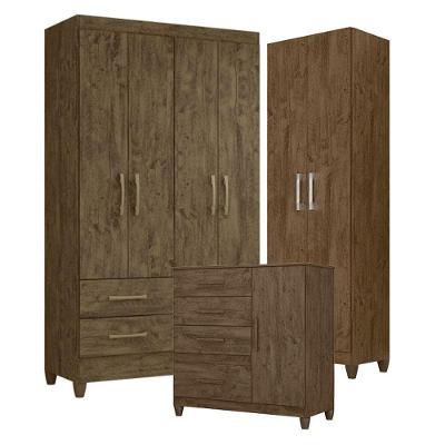 Guarda Roupa Solteiro Chile Com Cômoda Vênus Com Pés E Armário Multiuso New íris Castanho Wood - Moval