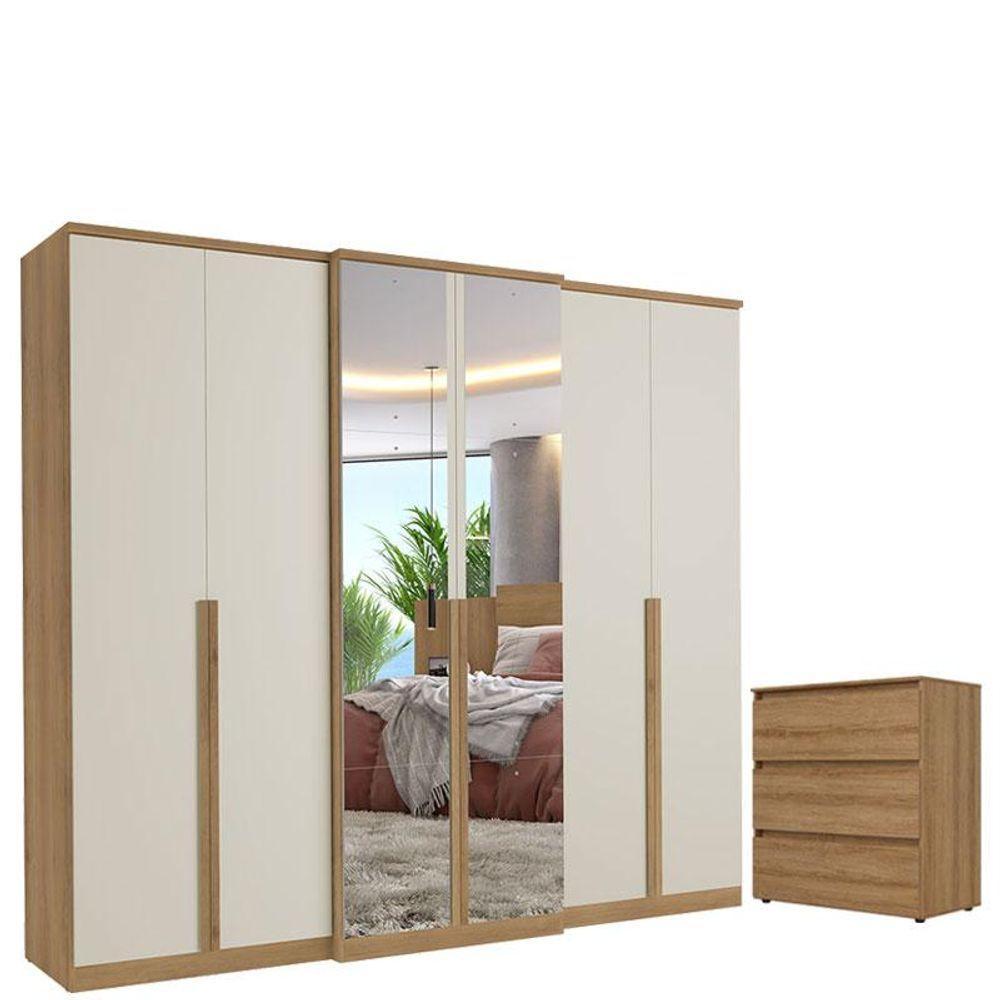 Guarda Roupa Casal Valência 6 Portas Full Glass Capuccino Off White Cômoda Gaveteiro Condessa Acetinado - Thb - 1