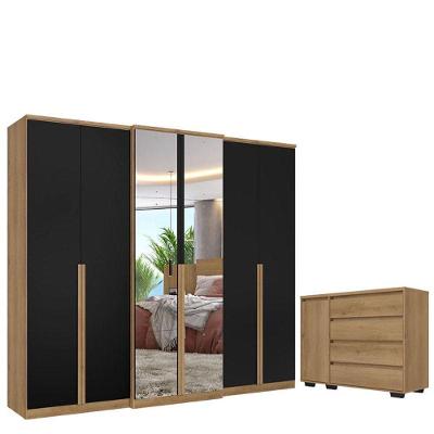 Guarda Roupa Casal Valência 6 Portas Full Glass Capuccino Preto E Cômoda Com Porta Aurora Acetinado - Thb