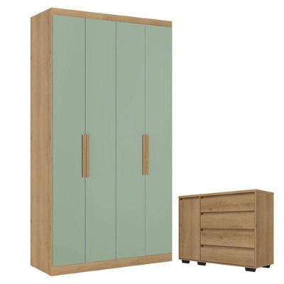 Guarda Roupa Solteiro Milan 4 Portas Capuccino Menta E Cômoda Com Porta Aurora Capuccino- Thb