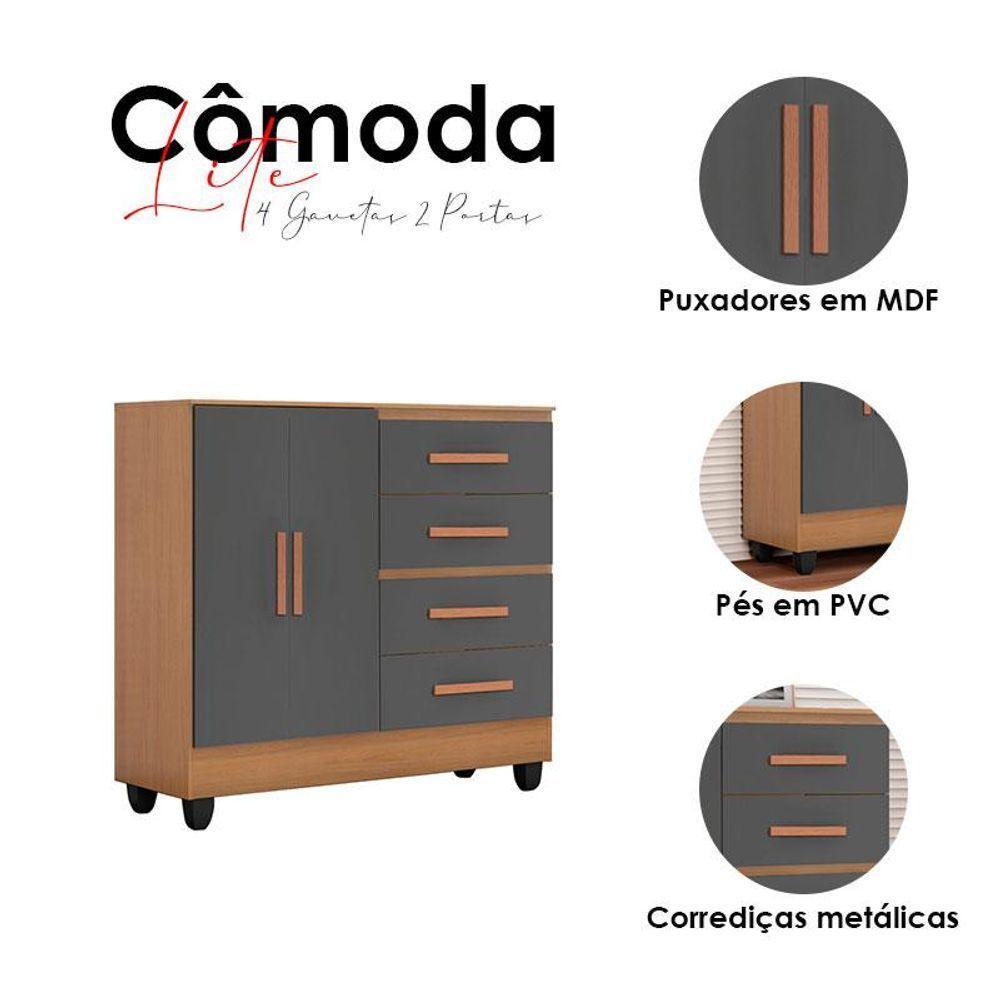 Cômoda Lite 4 Gavetas 2 Portas Nature Cinza - Móveis Leão - 4