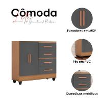 Cômoda Lite 4 Gavetas 2 Portas Nature Cinza - Móveis Leão
