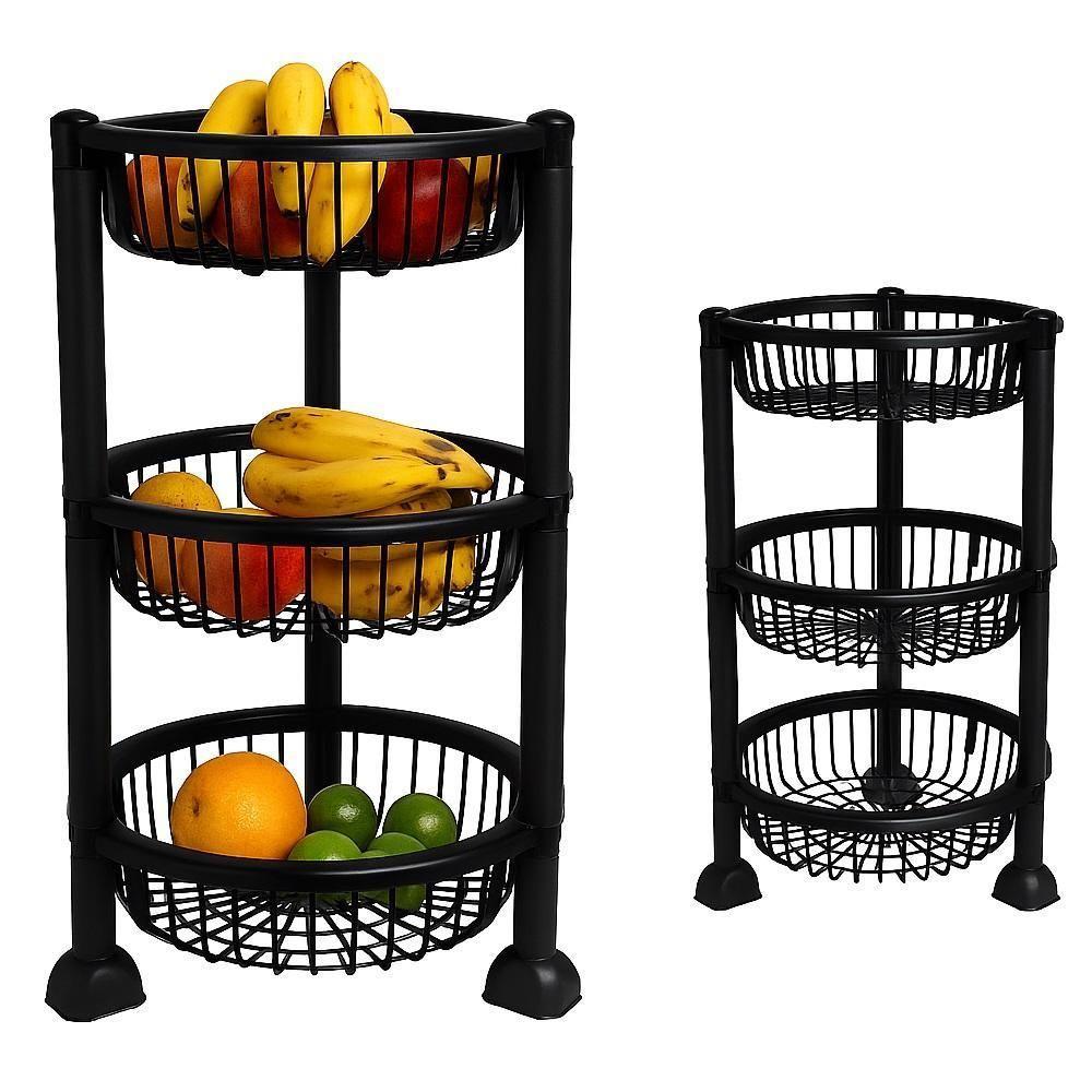 Organizador Chao 3 Prateleiras Fruteira Andares Estante Multiuso Cesto Desmontavel Redonda Cozinha Banheiro Preta - 1